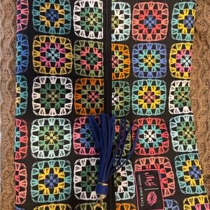Colorful Patterned Granny Squarw Makeup Junkie Bag with Blue Tassel